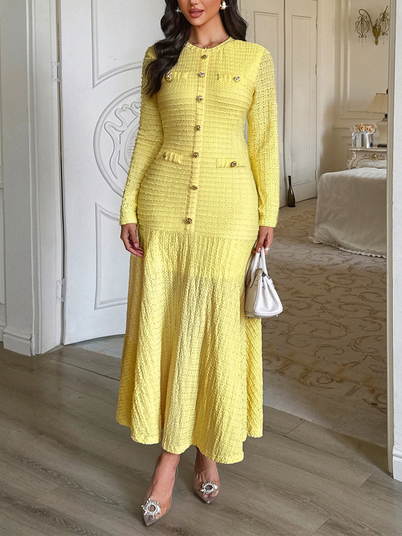 Knit Maxi Dress with Button Front — Elegant Long Sleeve Fit and Flare Silhouette
