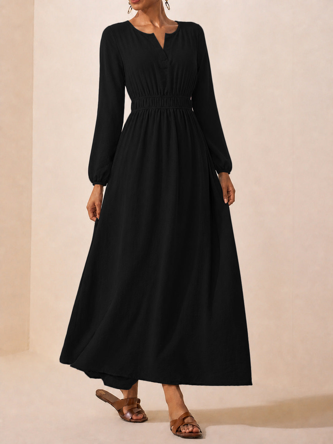 Long Sleeve Maxi Dress — Split Neck Smocked Waist with Lantern Cuffs in Viscose