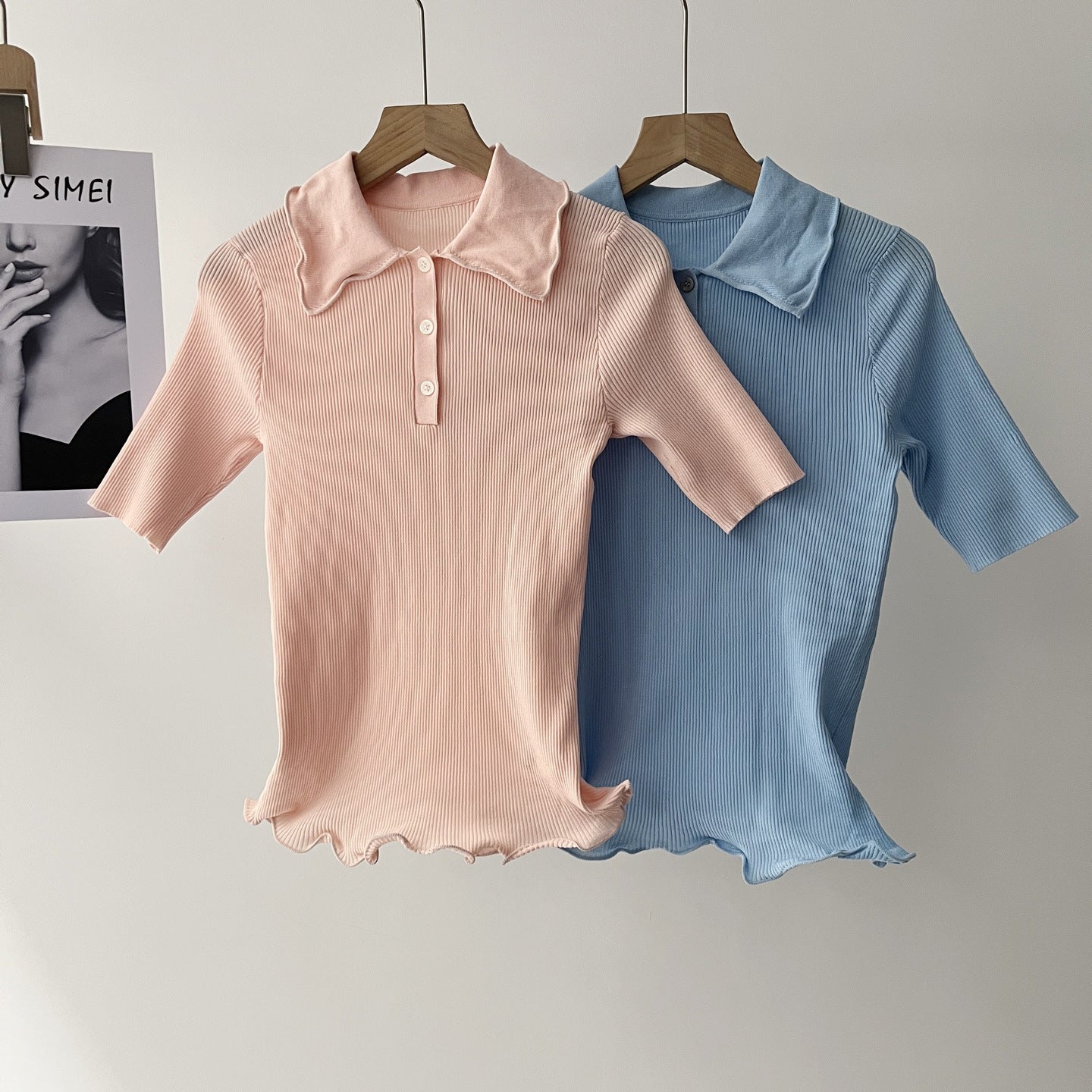 Women's knit polo tops in pink and blue, short sleeves, lettuce hem, fine ribbed knit.