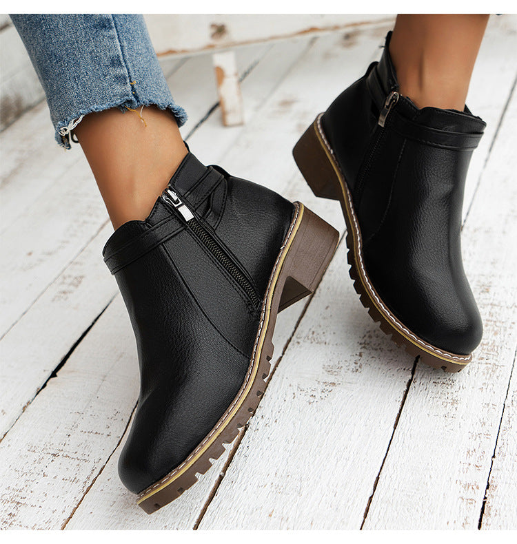 Leather Ankle Boots for Women — Low Block Heel Booties with Buckle Straps
