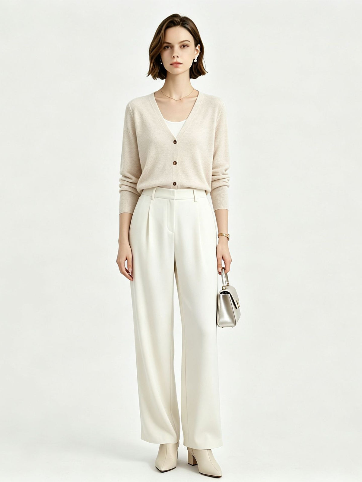 Women’s light beige V-neck knit cardigan with wood-tone buttons and long sleeves.