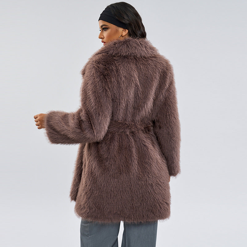 Long faux fur coat, taupe-brown, back view with tie belt and shawl collar