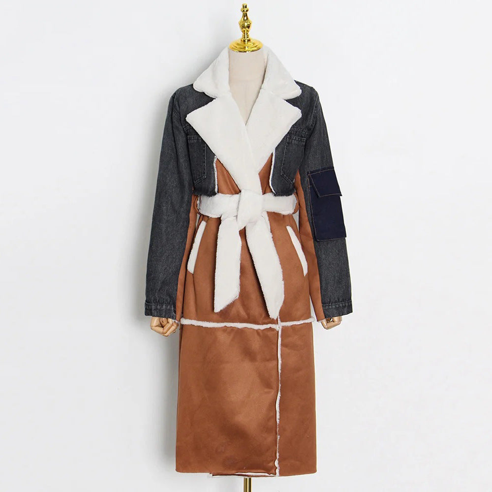 Women’s patchwork long coat, dark denim and brown with white sherpa collar and belt