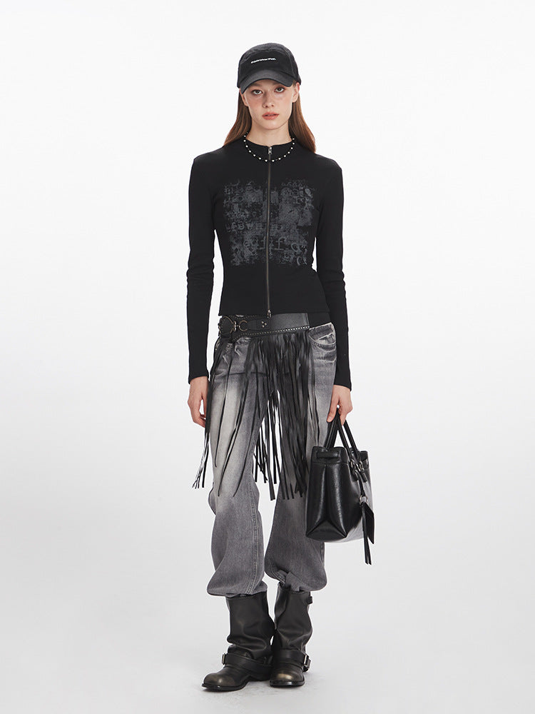 Women's black slim stand-collar zip-up long-sleeve top with front graphic