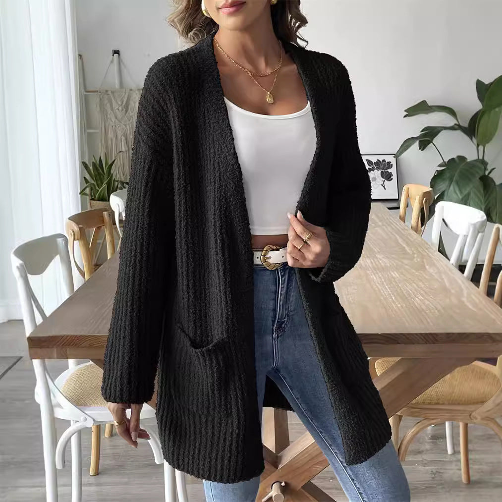 Women's black plush cardigan sweater, open front, long sleeves, patch pocket
