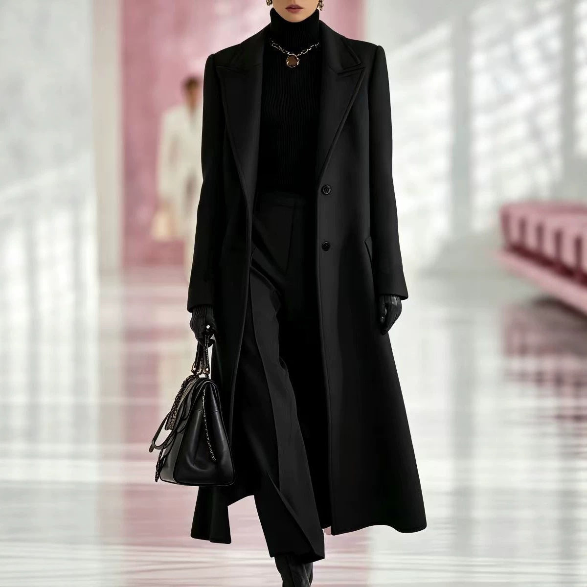 Black long tailored coat with peak lapels, two buttons, and a slim silhouette