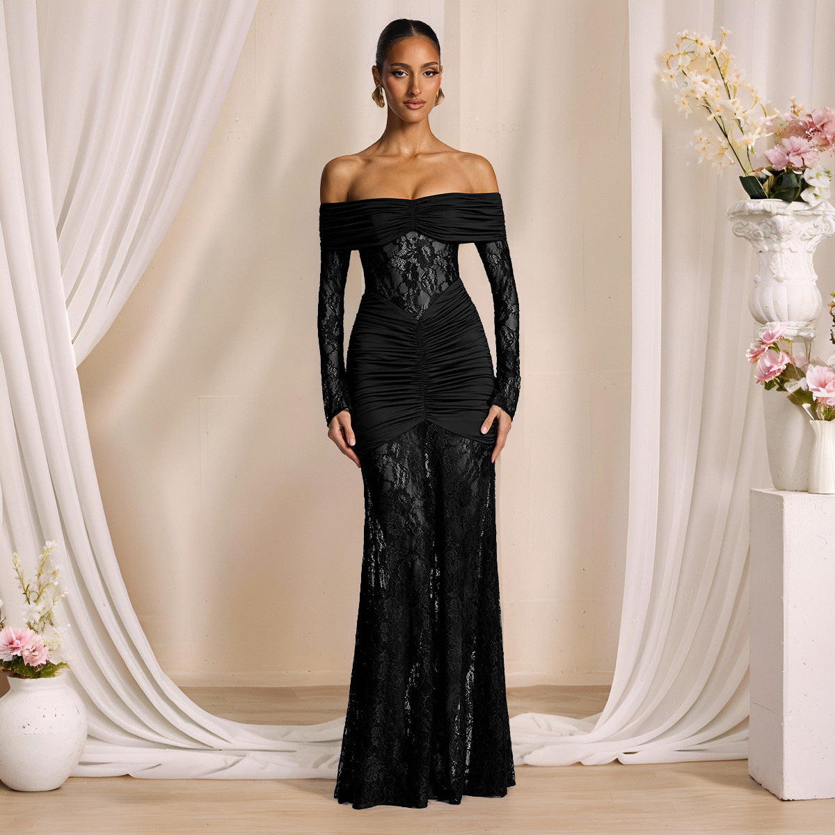 Lace Maxi Dress with Off Shoulder Neckline — Ruched Mermaid Evening Gown