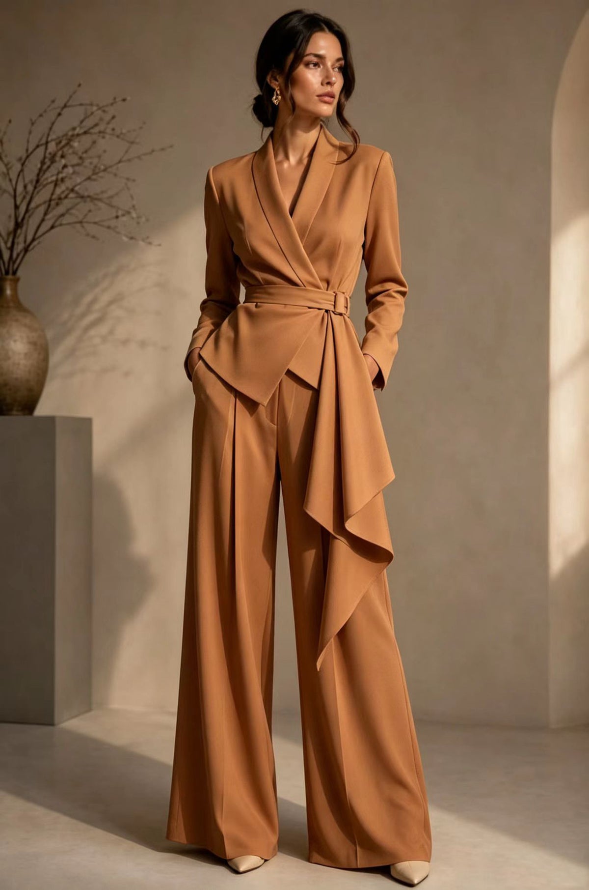 Women's crepe pant suit set in camel brown, tie-waist wrap blazer with wide-leg trousers