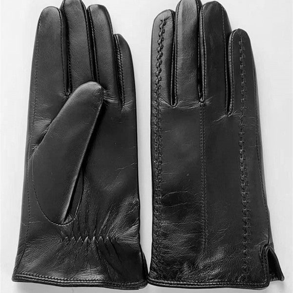 Pair of black leather women's gloves with stitched fingers and curved side seam