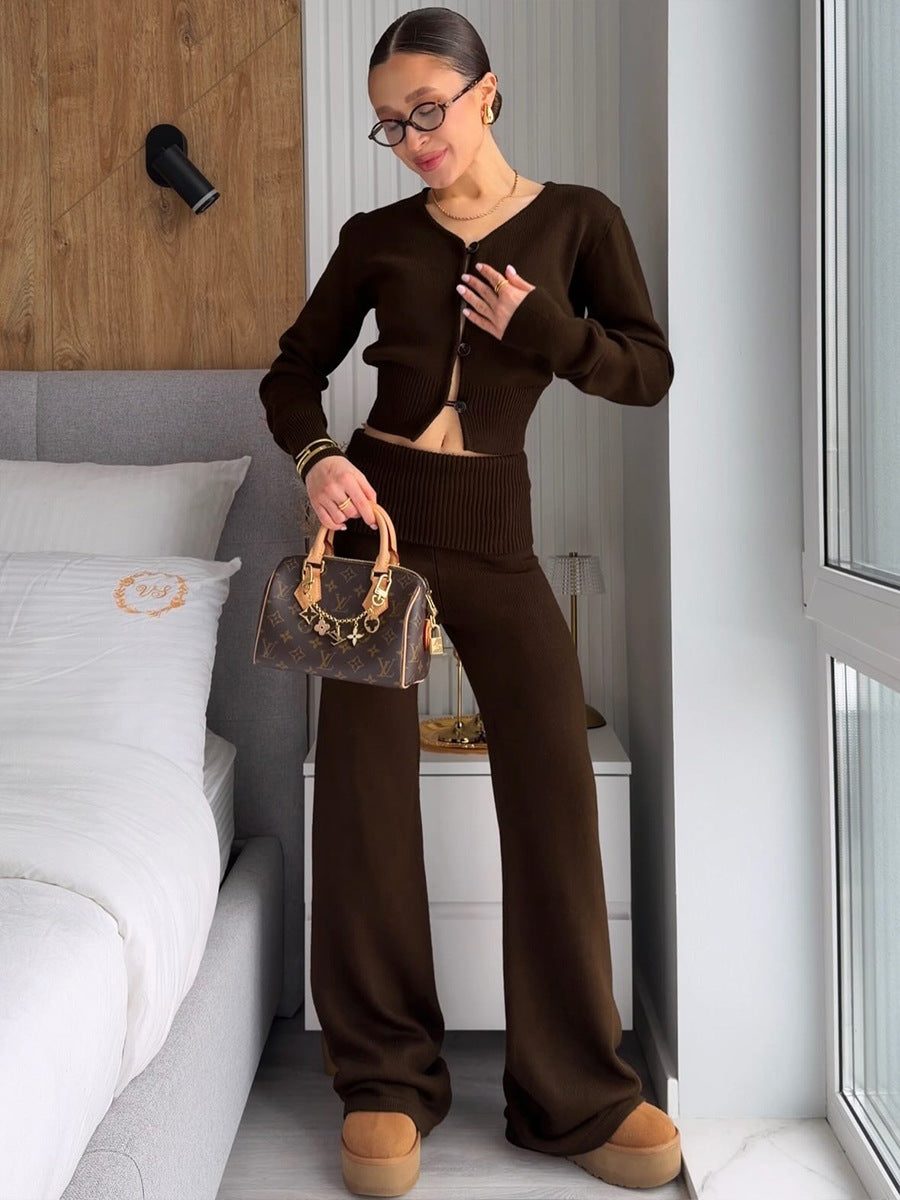 Dark brown knitted cardigan and high-waisted wide-leg pants set, relaxed fit