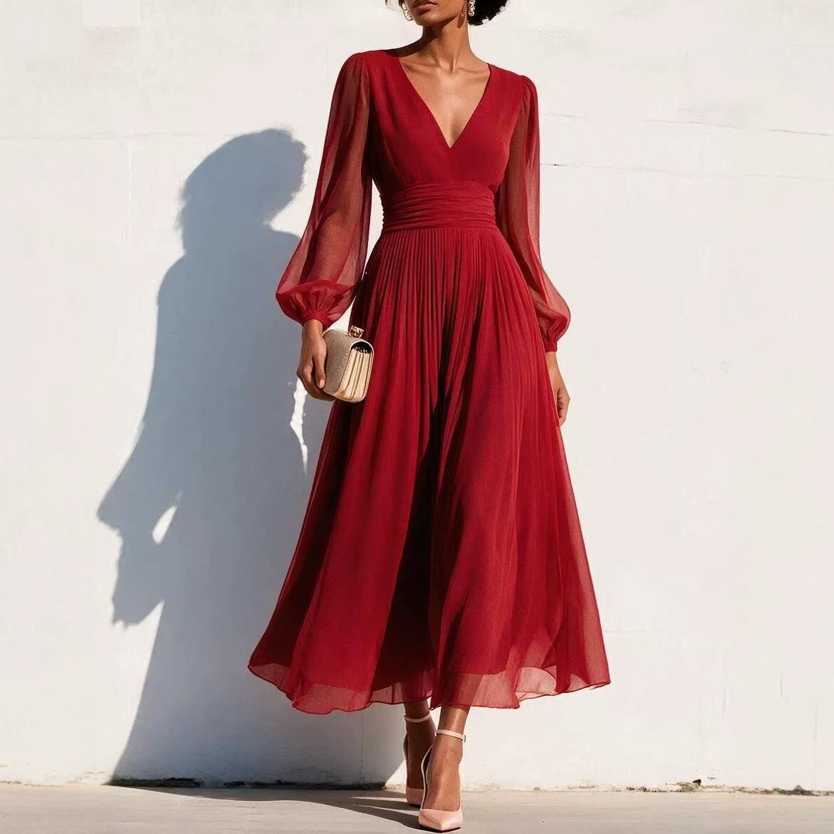 Chiffon Midi Dress for Women — Deep V Neck Pleated Skirt with Long Balloon Sleeves