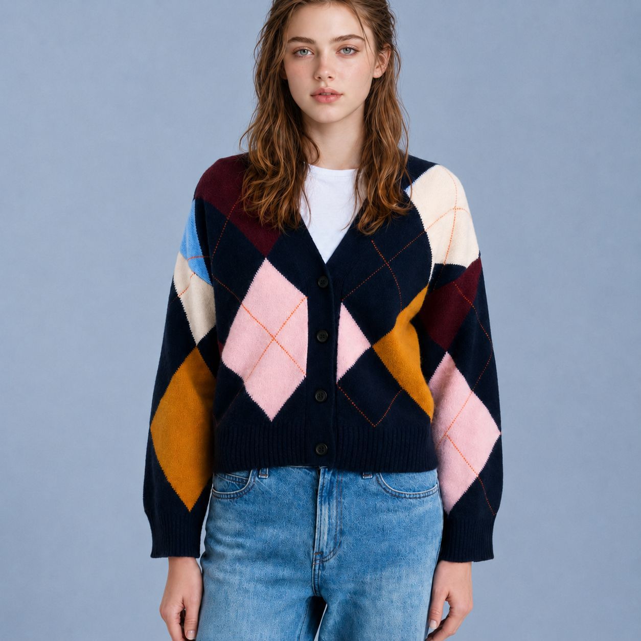 Argyle Cardigan for Women — V Neck Button Front Cropped Knit in Wool Blend