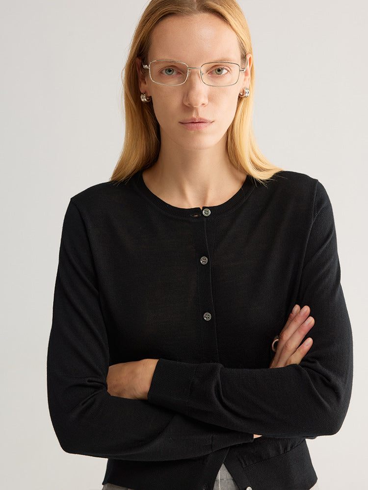 Women’s round-neck wool cardigan, black, button-front knit with long sleeves