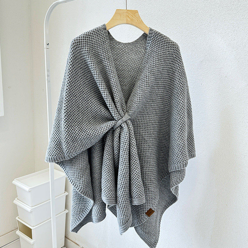 Poncho Shawl Wrap for Women — Open Weave Cape with Twist Front Detail in Soft Knit