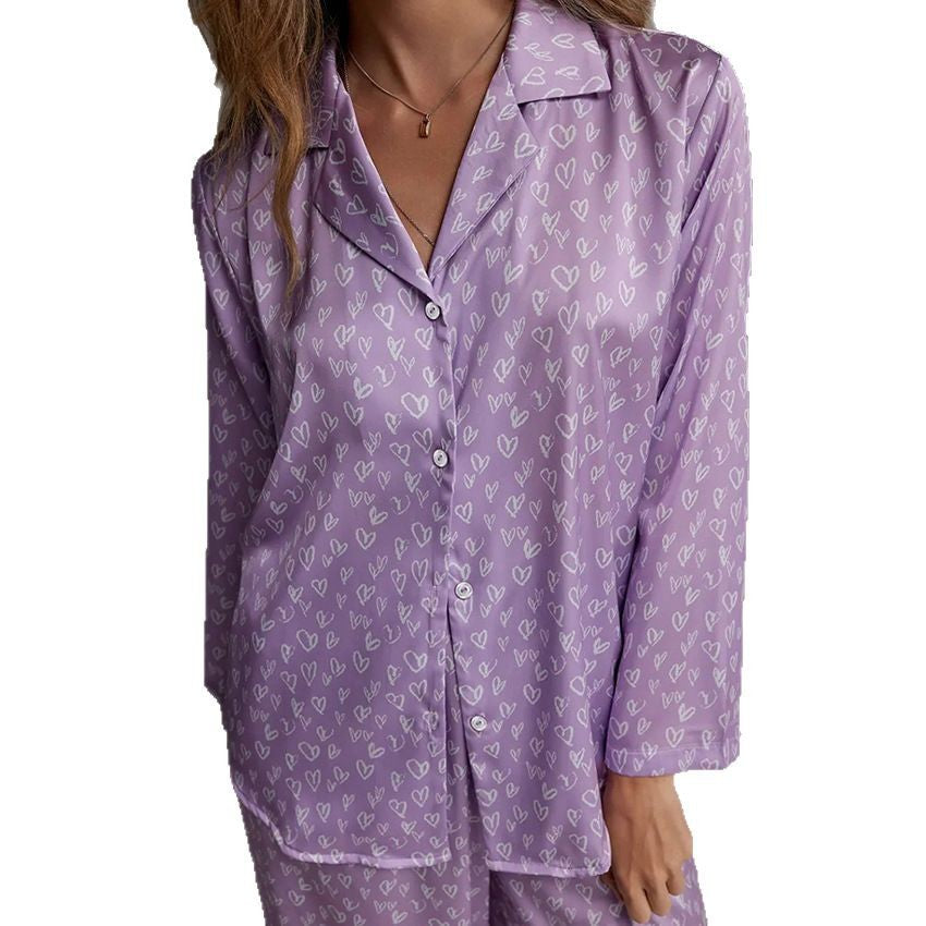 Women's lavender printed pajama shirt with V-neck, button front, long sleeves.
