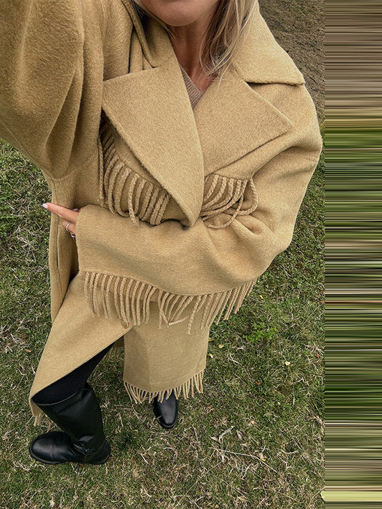 Women’s khaki scarf-style lapel windbreaker coat with tassel fringe sleeves and hem
