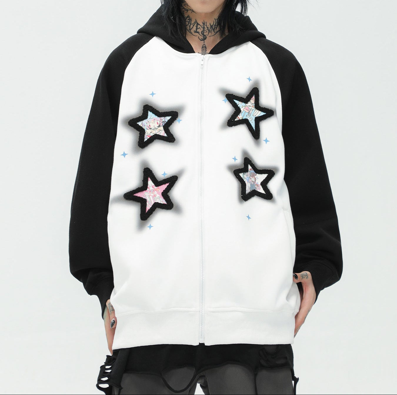 Color Block Zip Up Hoodie for Women — Oversized Raglan Fit with Star Patches in Fleece