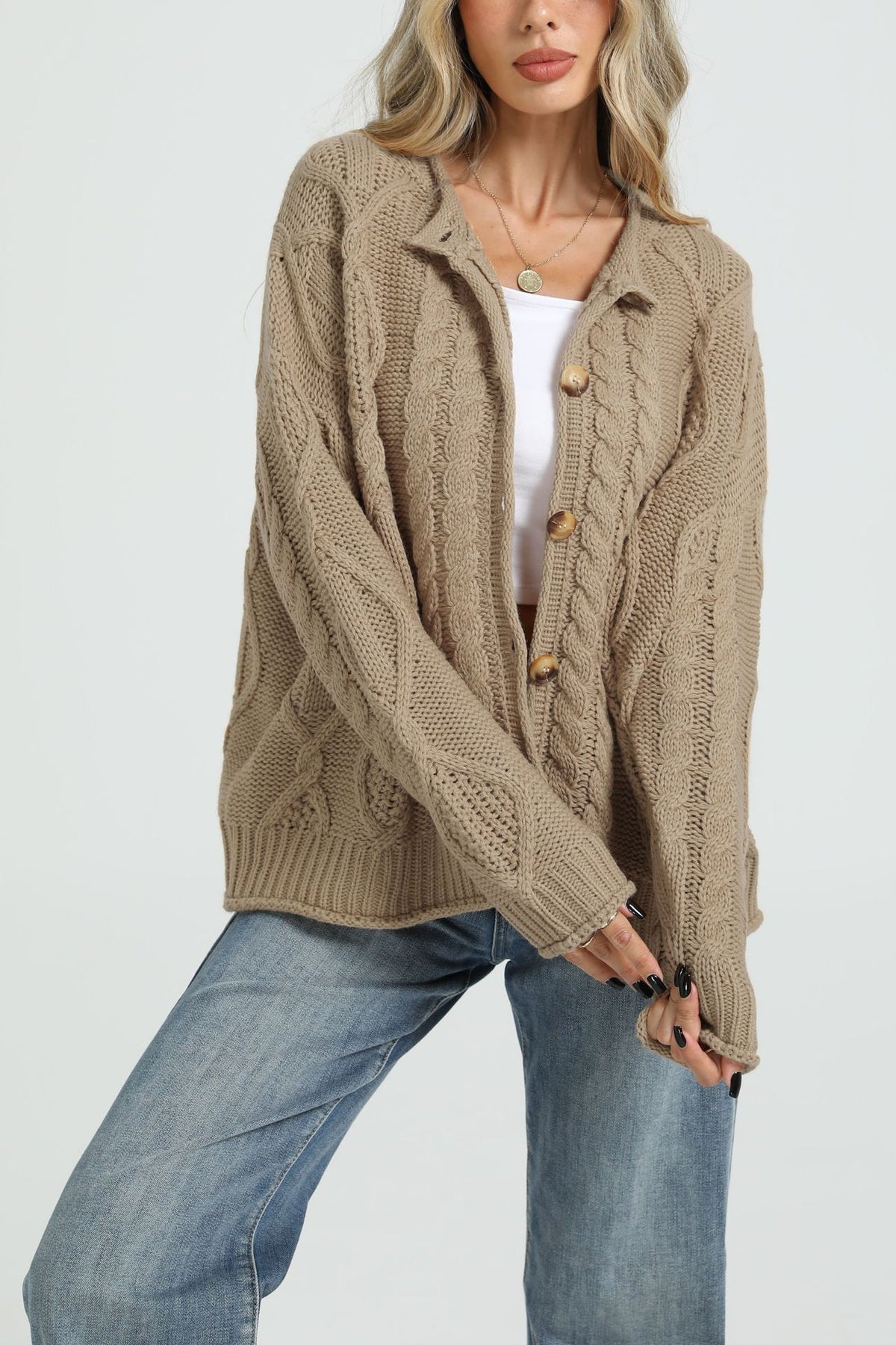Women’s cable-knit button cardigan in khaki, loose fit, long sleeves
