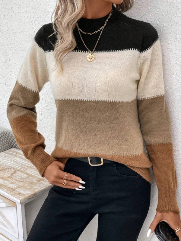 Crew-neck pullover sweater with black, cream, and brown contrast stripe bands, long sleeves
