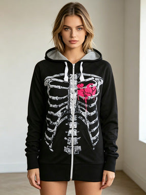 Skeleton Zip Up Hoodie for Women — Longline Y2K Graphic Print in Cotton Jersey
