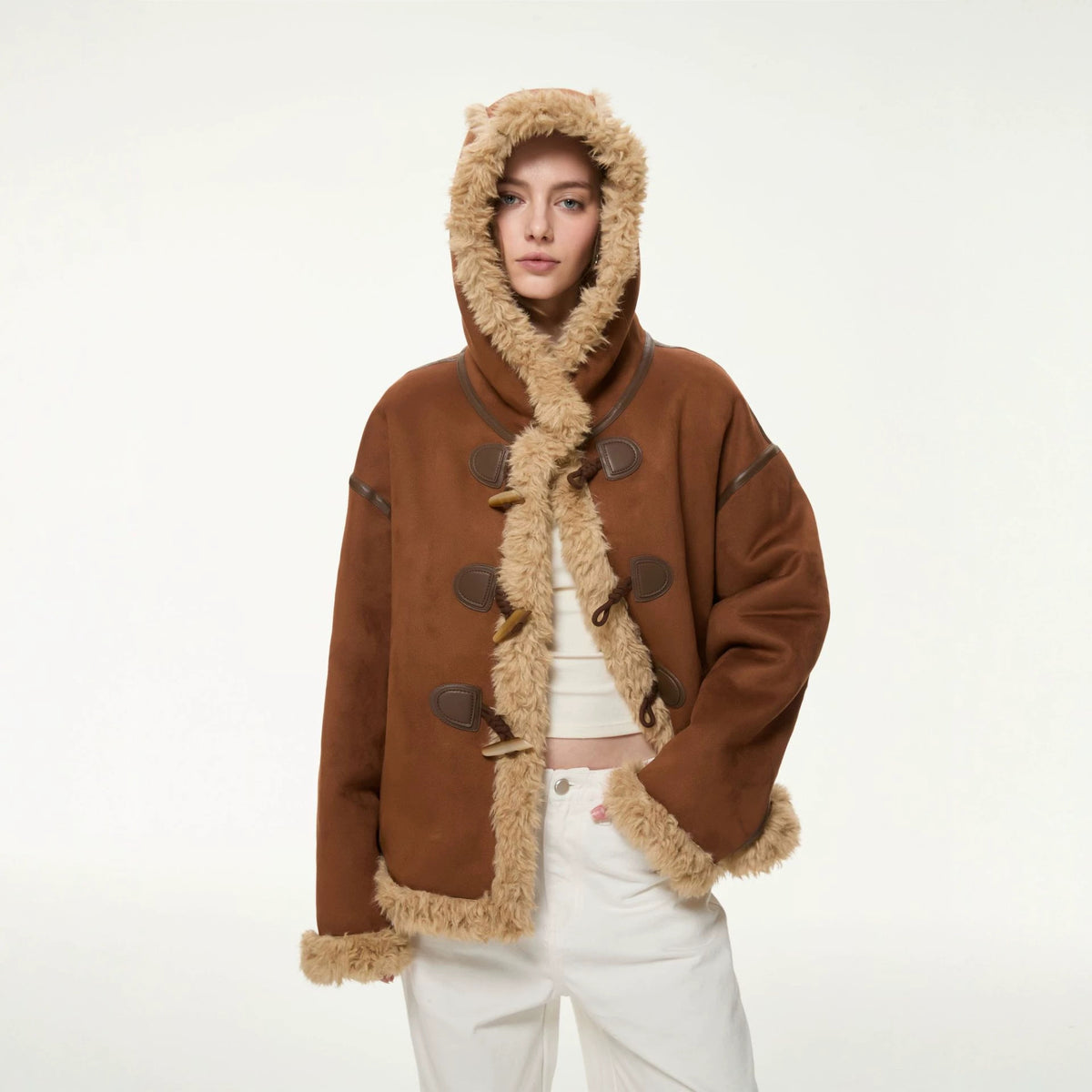 Women’s brown suede shearling jacket, hooded duffle style with front toggles