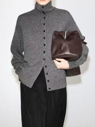 Gray high-collar knit cardigan with button placket and asymmetric hem