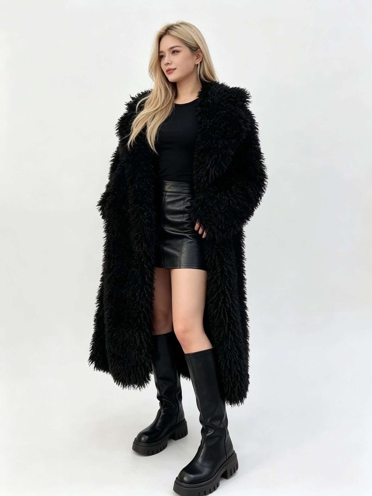 Women’s long faux fur coat, black shaggy texture with open front