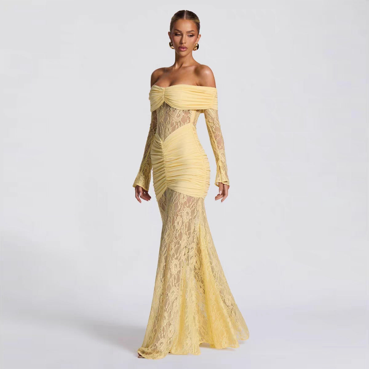 Lace Maxi Dress with Off Shoulder Neckline — Ruched Mermaid Evening Gown