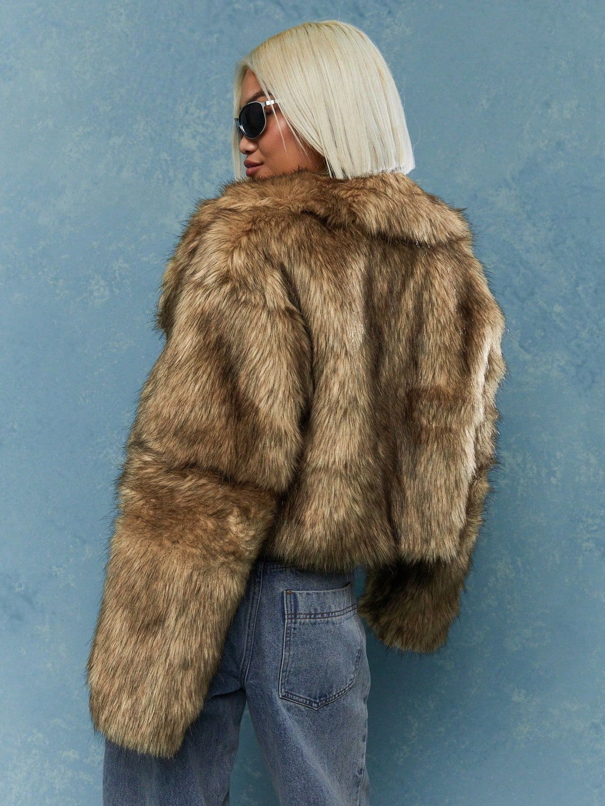 Brown faux fur short coat, turn-down collar, loose oversized fit, shown from back