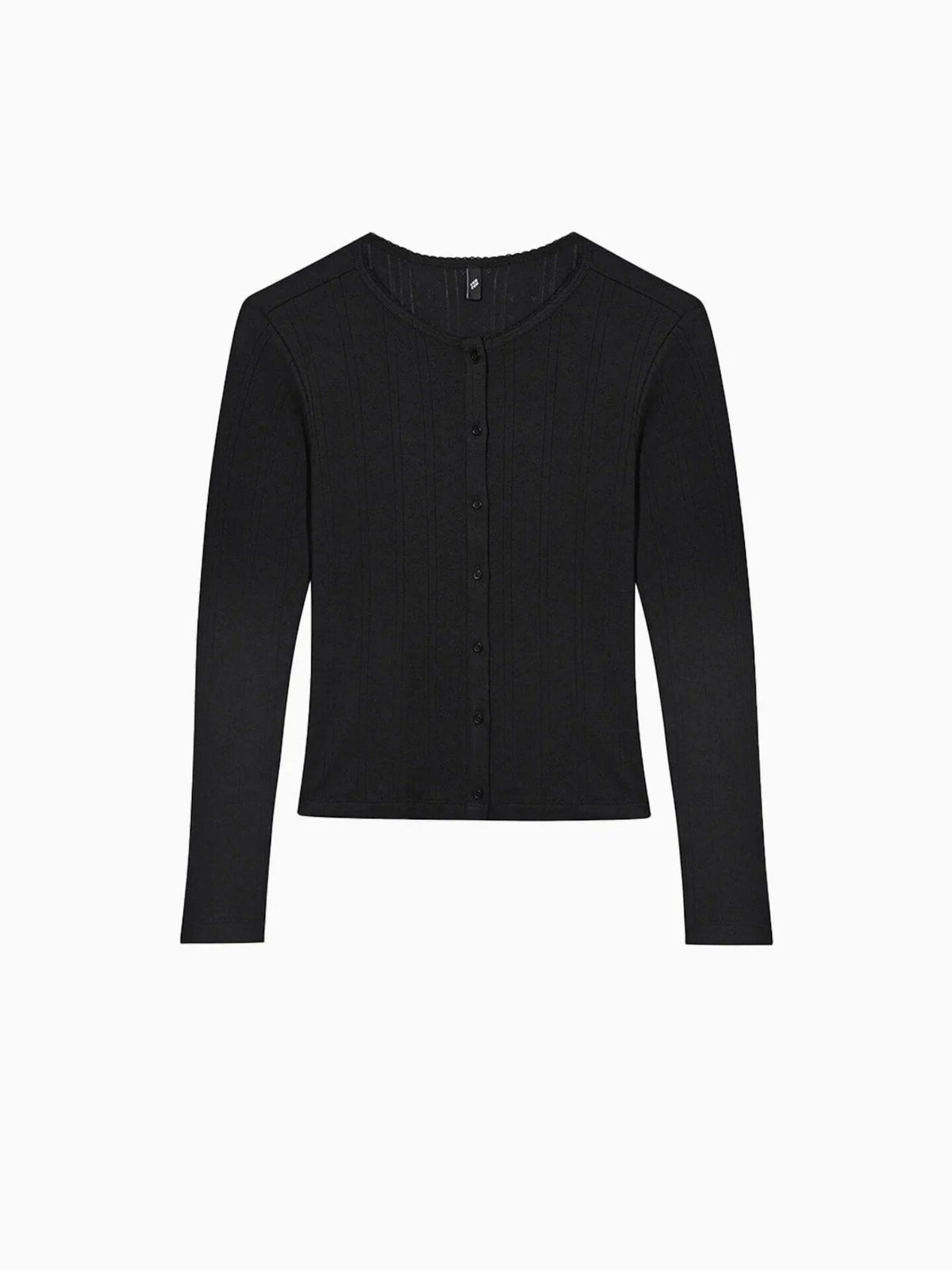 Black thin knit cardigan, round neck, long sleeves, front button placket, ribbed texture