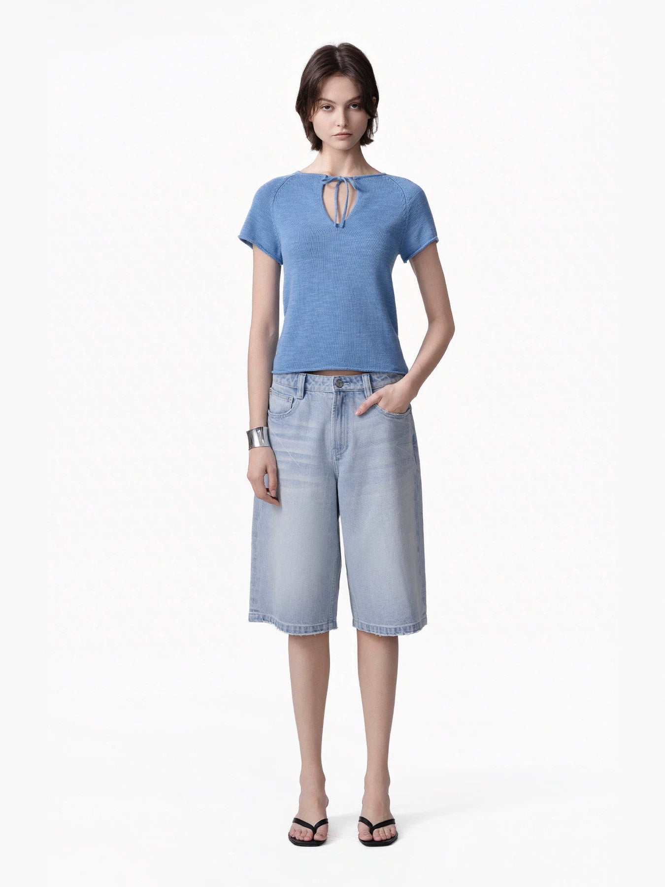 Short Sleeve Knit Top — Slim Fit with Keyhole Tie Neck and Rolled Edges in Linen