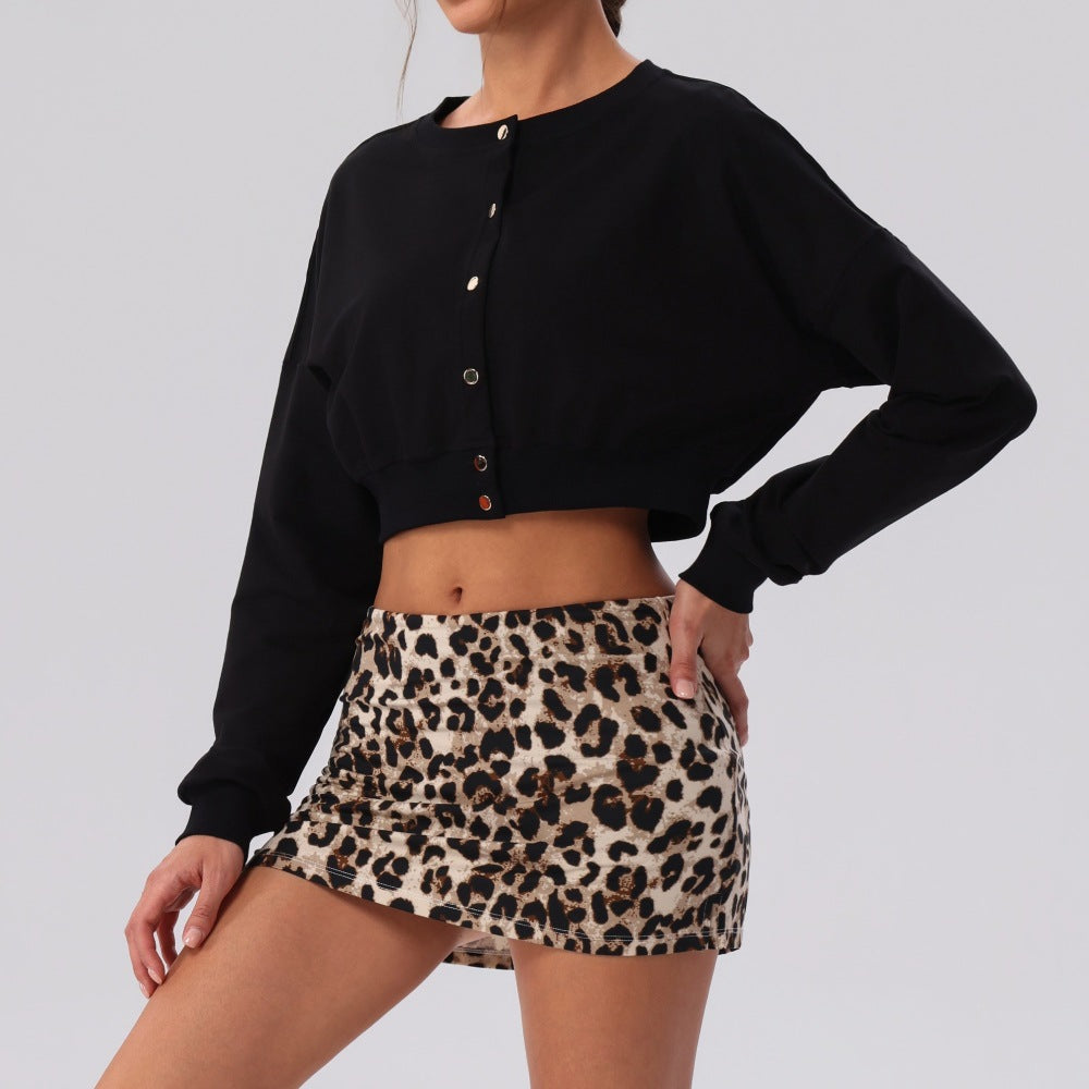 Black cropped button-front sweatshirt with long sleeves and round neckline
