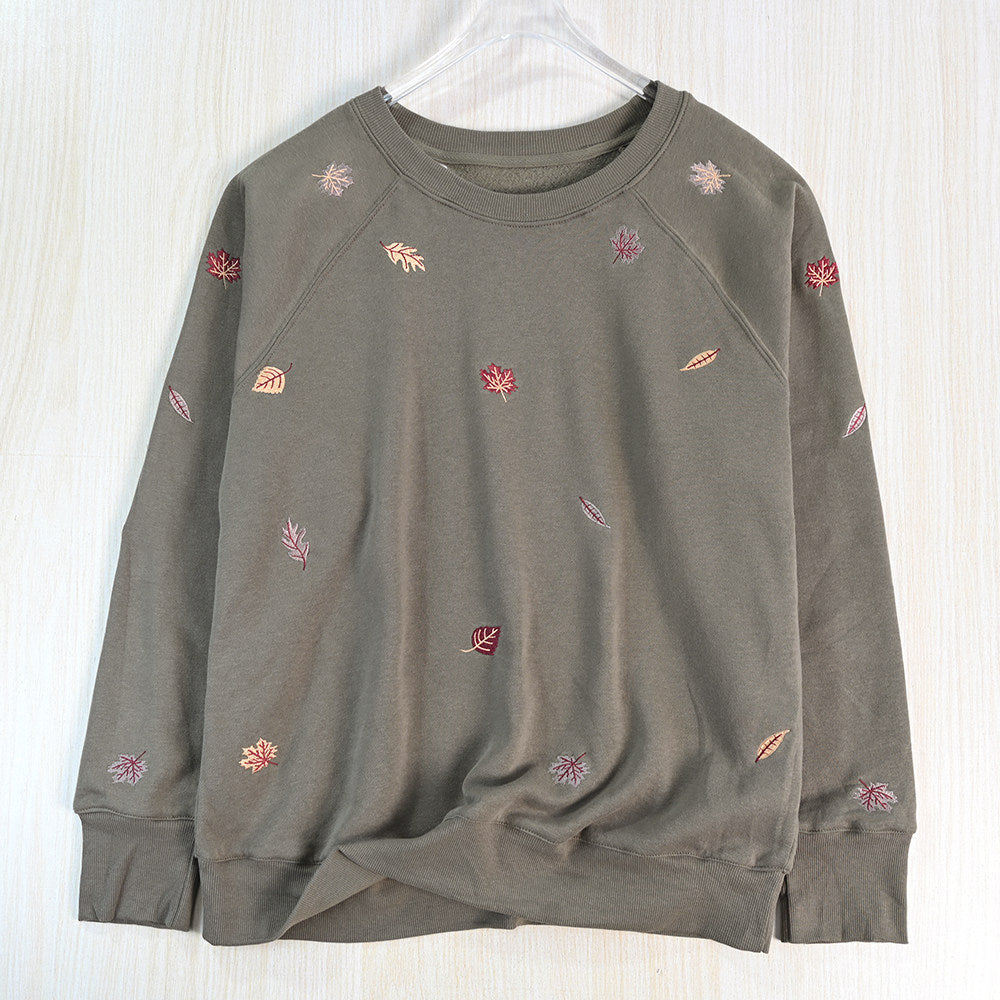 Embroidered Sweatshirt for Women — Crewneck Fleece Pullover with Autumn Leaf Detail