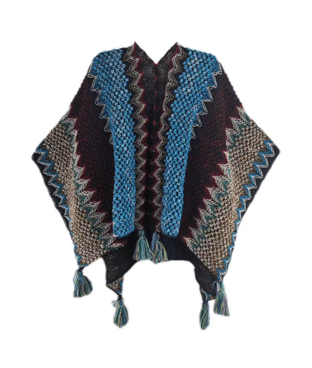 Dark and blue knitted poncho shawl with multicolor zigzag stripes and tassels