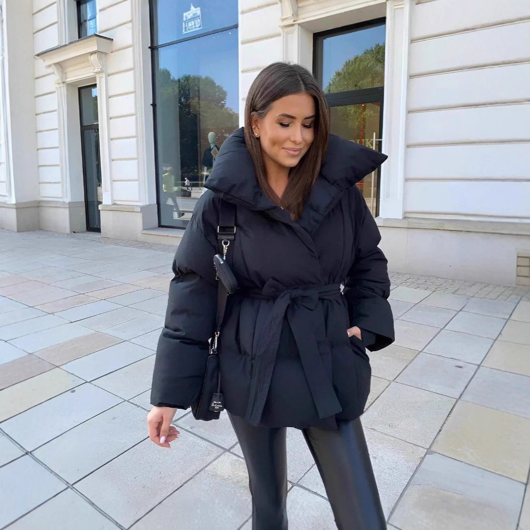 Women's cotton puffer coat, black hooded belted waist, long sleeves