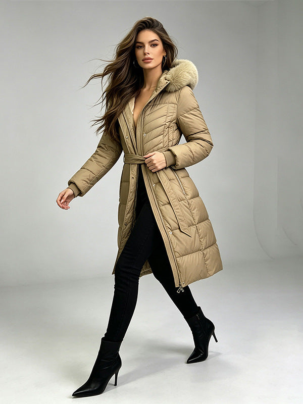 Women's long belted puffer coat with fur-trimmed hood, khaki