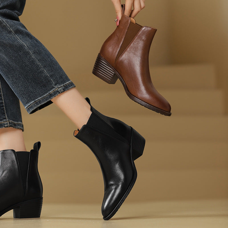 Black and brown leather Chelsea boots with side elastic and block heels