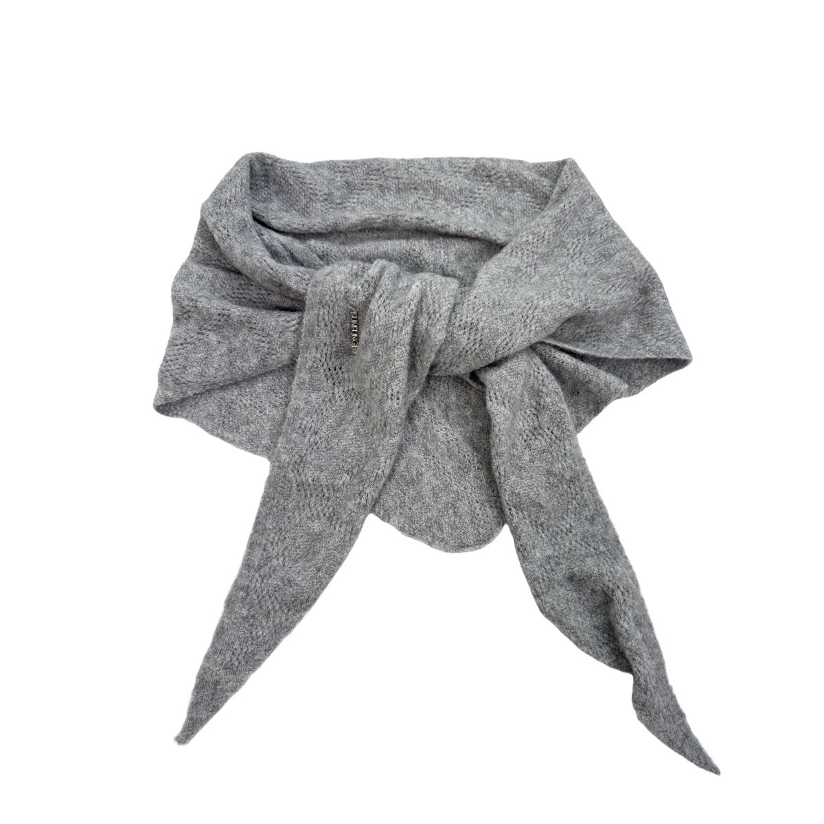 Gray triangle knit scarf shawl with center tie and long pointed ends