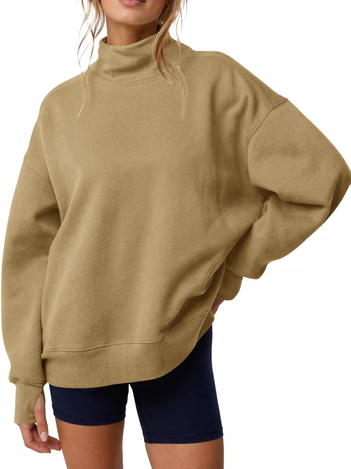 Women’s high-neck loose pullover sweatshirt, tan khaki solid color