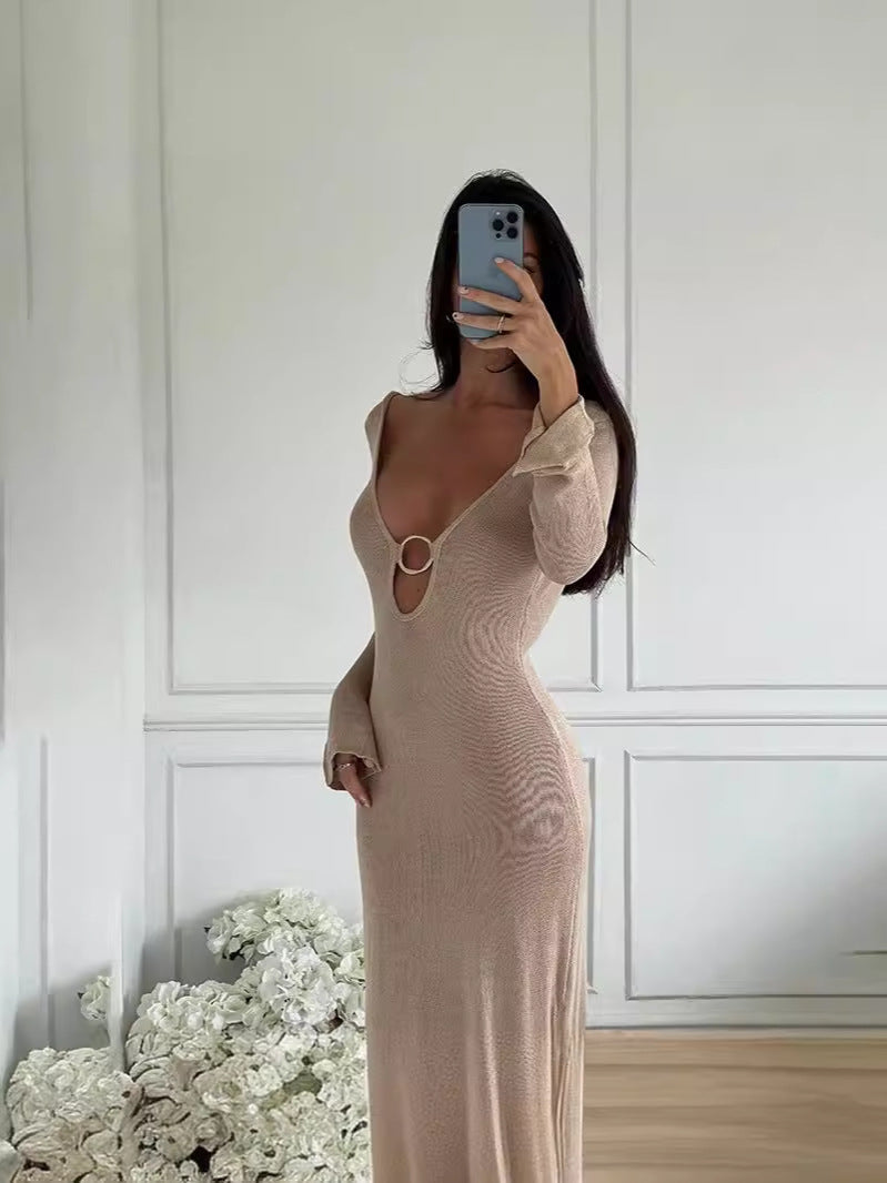 Apricot backless knitted maxi dress, ring keyhole neckline, long sleeves, bodycon fit