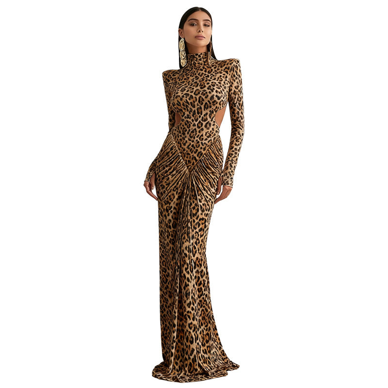 Leopard print high-neck long-sleeve maxi dress with draped ruched front