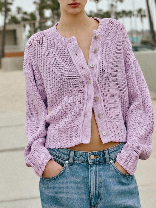 Women's purple knit cardigan with V-neck button placket, long sleeves, ribbed cuffs