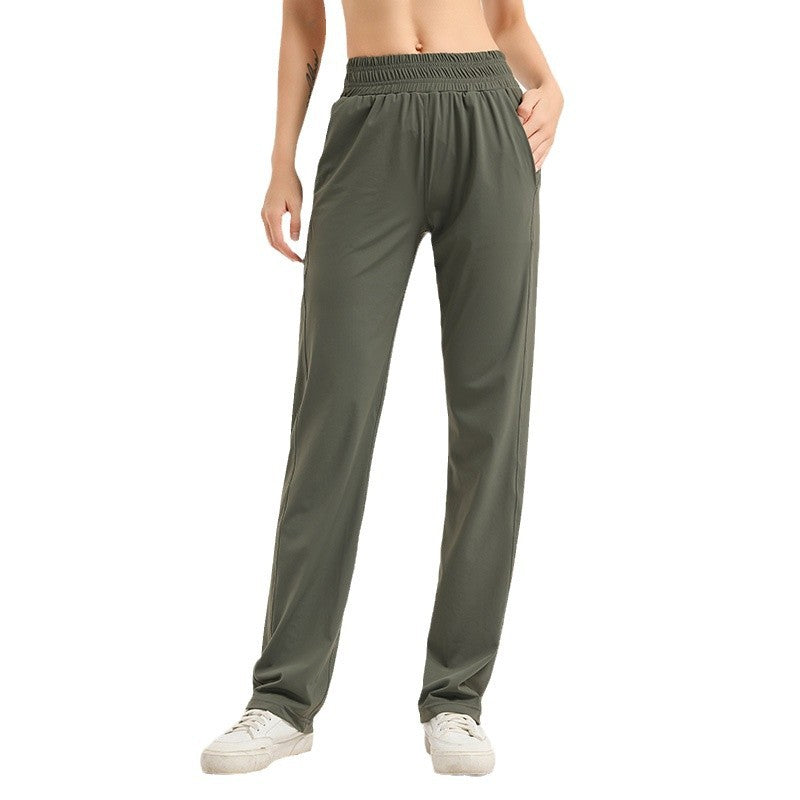 Women's loose sports trousers, olive green, elastic waistband, straight relaxed fit