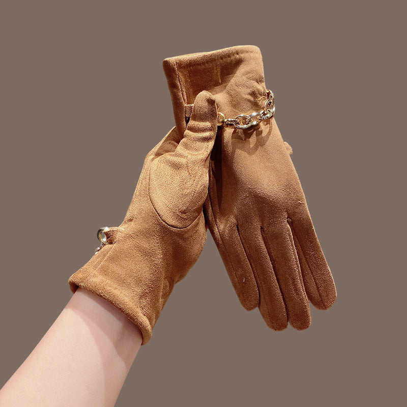 Women’s suede winter gloves, tan/caramel color, five-finger style with gold chain cuff.