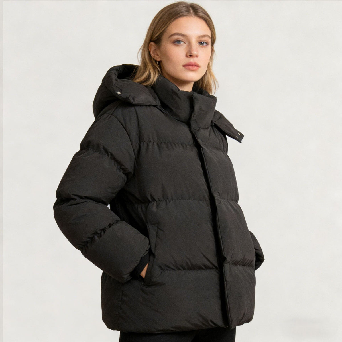 Women’s hooded puffer cotton jacket, quilted black with full-length zipper