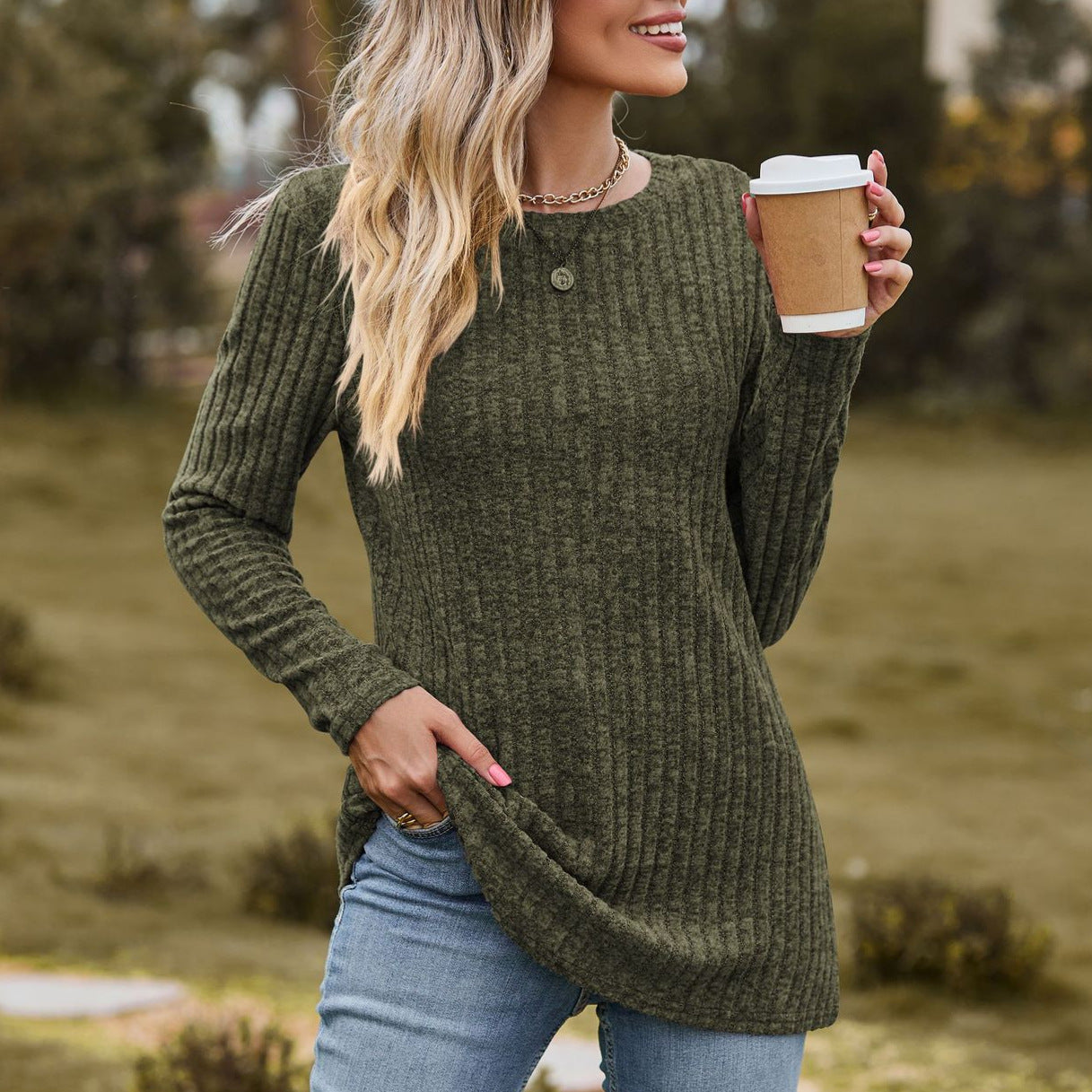 Heathered Ribbed Knit Top — Relaxed Long Sleeve Crewneck Style in Modal