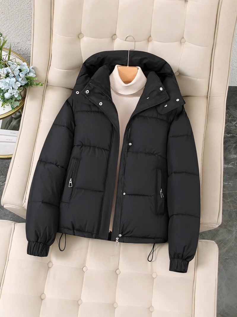 Women’s hooded short puffer jacket, black, full zip with snap placket and side zipper pockets