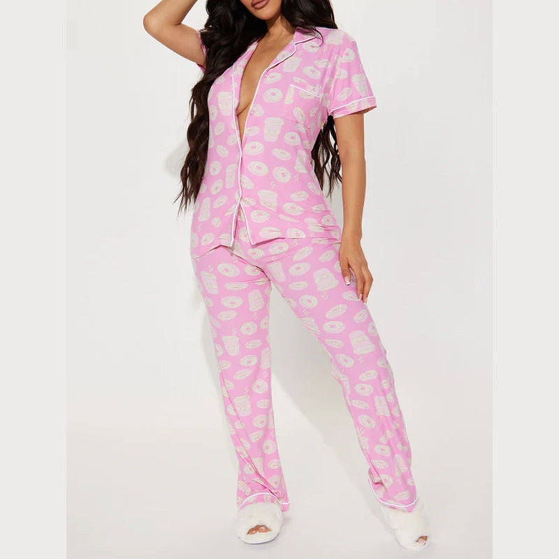 Light pink printed women's front-open lapel pajama set with short sleeves and trousers