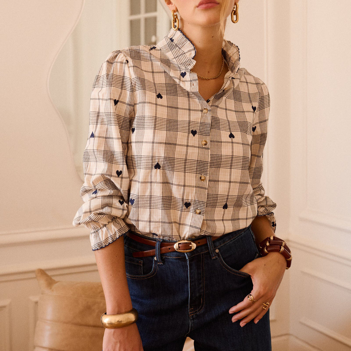 Women’s khaki plaid stand-collar shirt with heart embroidery, button front, long sleeves