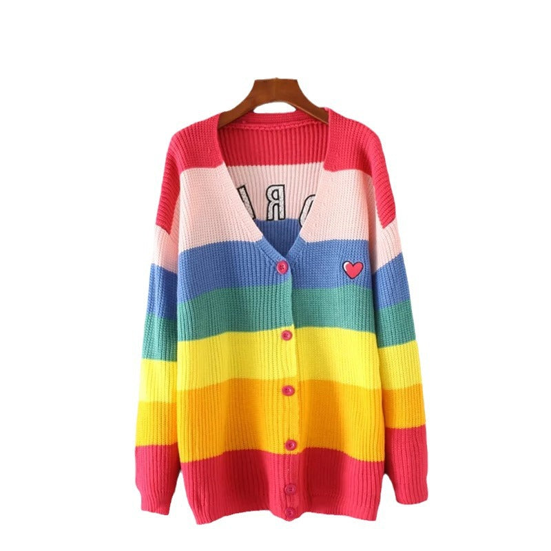 Rainbow striped V-neck knit cardigan with button front and heart accent